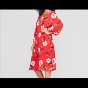 A New Day Red Floral V Neck Midi Dress